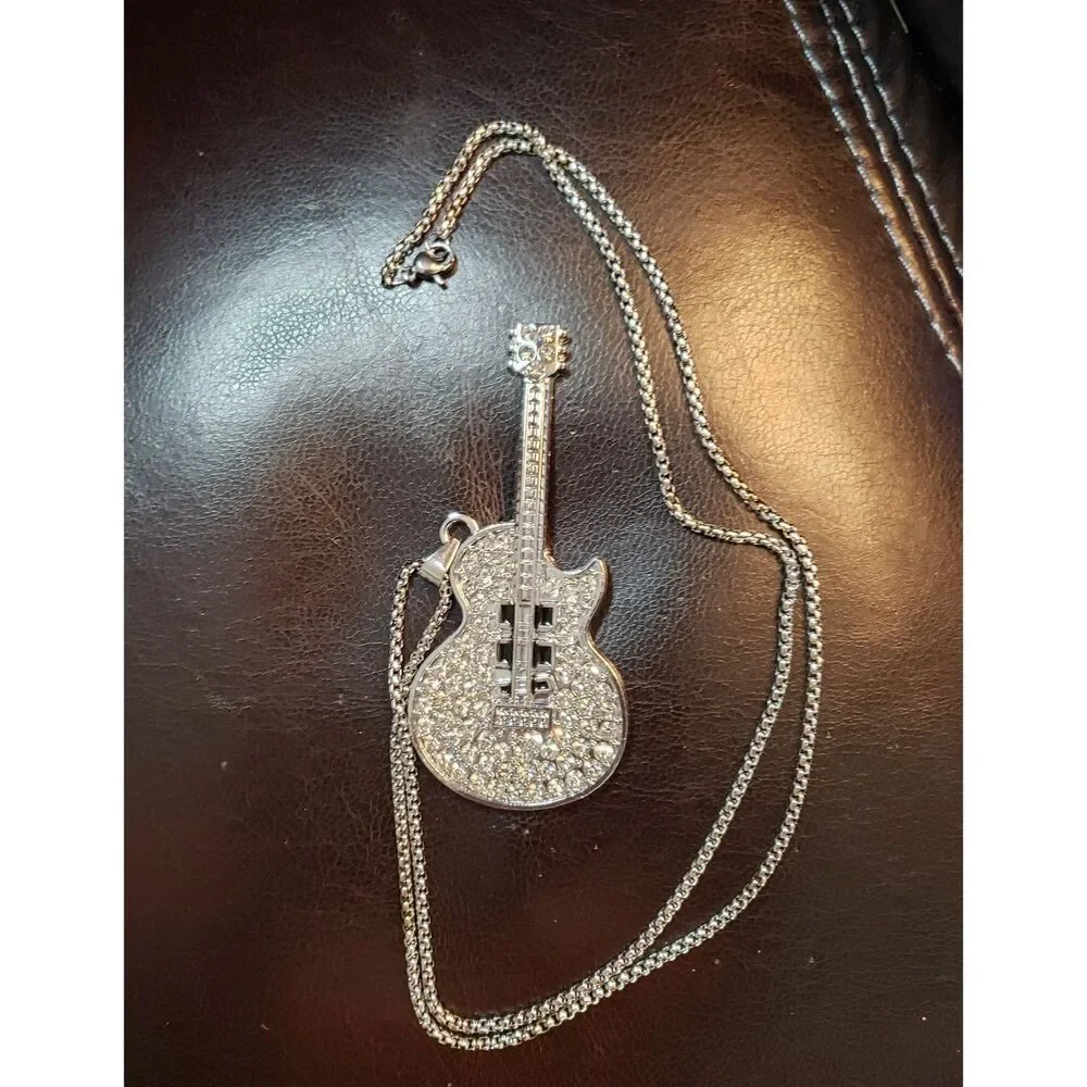 Large Silver ICED Rhinestone Guitar Necklace Men Women Teens